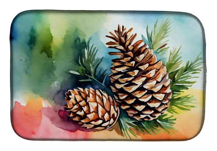 Maine White Pine Cone and Tassels in Watercolor Dish Drying Mat Absorbent Dish Drying Mat Pad for Kitchen Counter Dish Drainer Mat for Countertop, 14